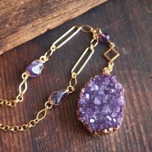 Gold Amethyst Necklace, Raw gemstone statement necklace, Amethyst Druzy pendant, February Birthstone, Amethyst jewelry