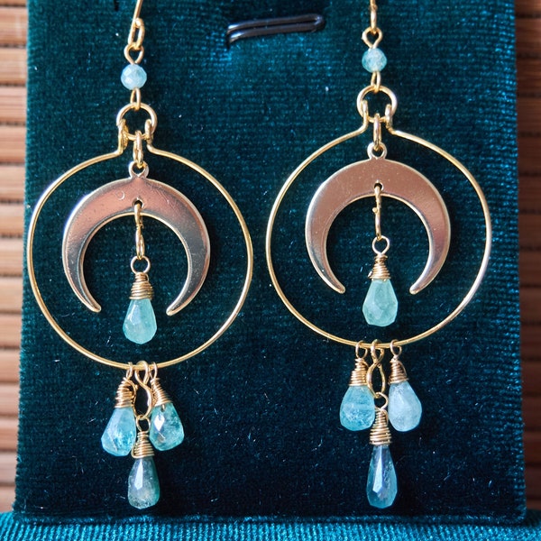 Tourmaline gemstone earrings, Luna jewelry, celestial chandelier earrings, Crescent moon, half moon earrings, Green tourmaline jewelry