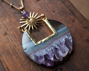 Raw amethyst necklace, Amethyst statement necklace, Mystical sunburst, Egyptian goddess jewelry, Sun pendant, Boho Necklace, Gift for mom