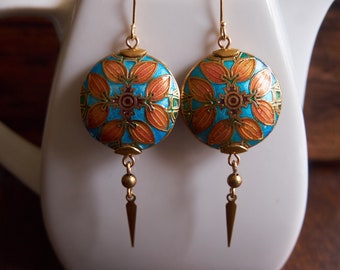 Vintage Cloisonne Enamel Earrings: Arts & Crafts Autumn Leaf Jewelry