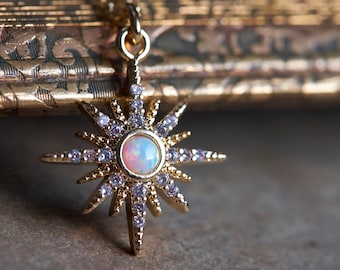 Opal star necklace, Dainty necklace, North star, Celestial jewelry, Delicate necklace, Sun necklace, Gift for her, Girlfriend gift