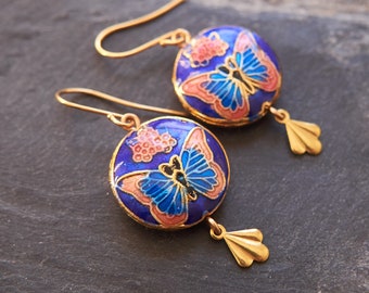 Vintage butterfly earrings, Cloisonne enamel jewelry, Blue statement Earrings, Miss Fisher jewelry