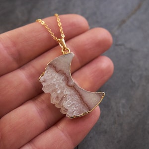 Druzy Moon pendant, Crystal moon necklace, Moon jewelry, Raw crystal necklace, Half moon Quartz necklace, Raw crystal jewelry image 10