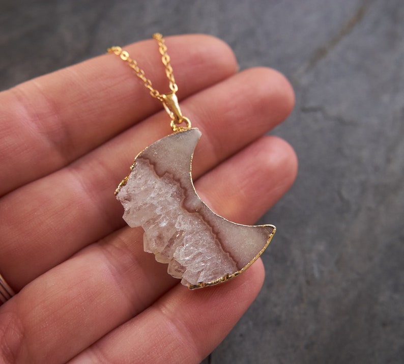 Druzy Moon pendant, Crystal moon necklace, Moon jewelry, Raw crystal necklace, Half moon Quartz necklace, Raw crystal jewelry image 10