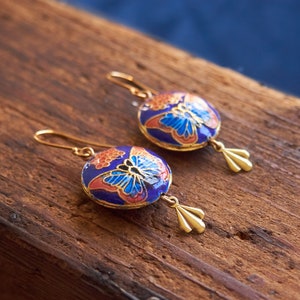 Vintage butterfly earrings, Cloisonne enamel jewelry, Blue statement Earrings, Miss Fisher jewelry image 9