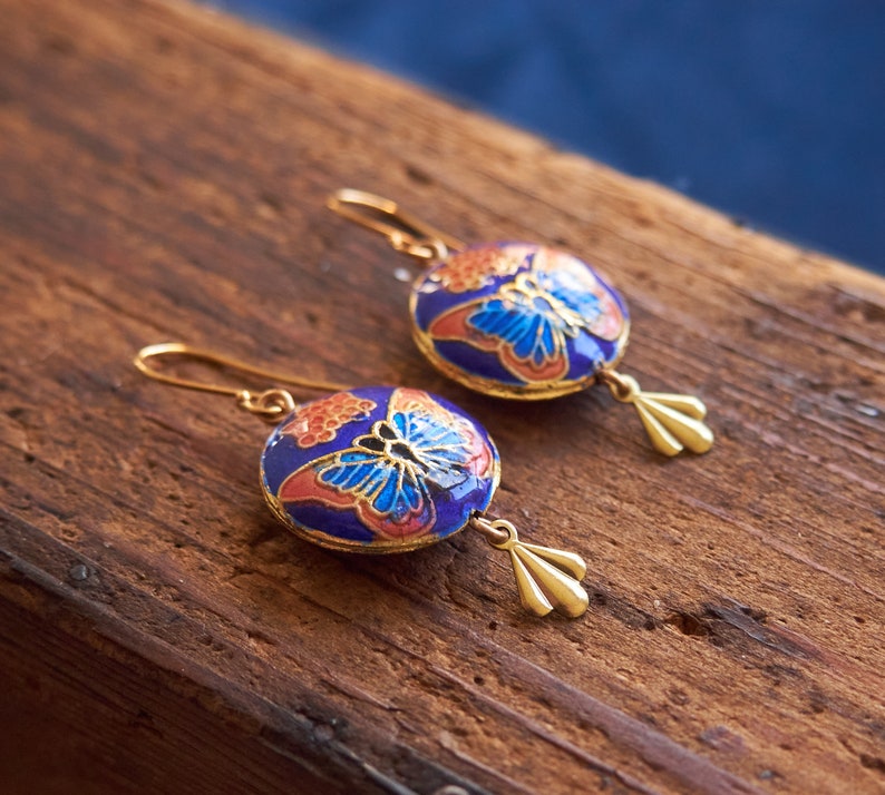 Vintage butterfly earrings, Cloisonne enamel jewelry, Blue statement Earrings, Miss Fisher jewelry image 9