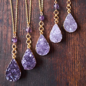 Gold Amethyst Necklace, Amethyst Druzy pendant, February Birthstone, Amethyst jewelry, Raw gemstone drop necklace image 7