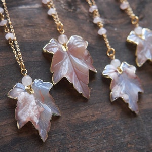 Cherry Blossom agate necklace, Sakura agate, Stone leaf necklace, Rose quartz pink necklace, Spring wedding, Gift for mom, Bridesmaid gift