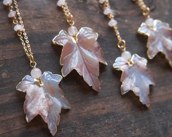 Cherry Blossom agate necklace, Sakura agate, Stone leaf necklace, Rose quartz pink necklace, Spring wedding, Gift for mom, Bridesmaid gift