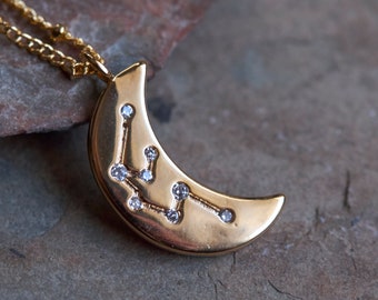 Zodiac moon necklace, Celestial jewelry, Constellation necklace, Gift for her, Crescent moon, customizable gift