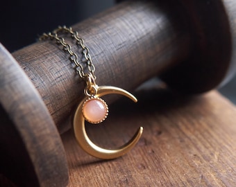 Peach moonstone necklace, Boho necklace, Celestial jewelry, June birthstone, Half moon necklace, Crescent moon, Witch jewelry, Pink, N319