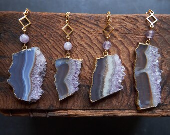 Raw Amethyst Slice Necklace: Gold Edge Boho Pendant