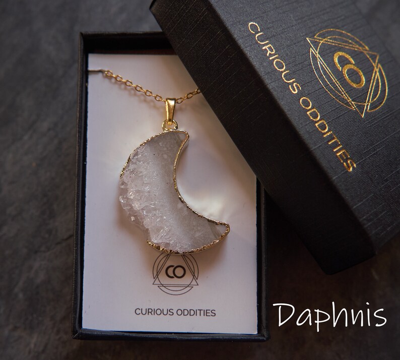 Druzy Moon pendant, Crystal moon necklace, Moon jewelry, Raw crystal necklace, Half moon Quartz necklace, Raw crystal jewelry Daphnis gold moon