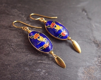 Butterfly enamel earrings, Cloisonne enamel jewelry, Miss Fisher Jewelry, Flower earrings, Royal blue vintage butterfly earrings