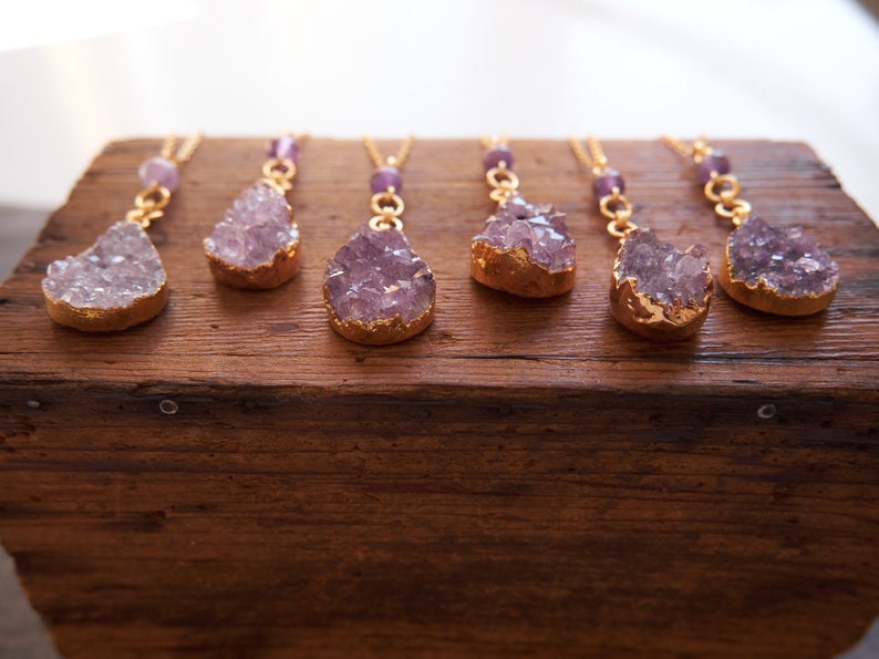 Gold Amethyst Necklace, Amethyst Druzy pendant, February Birthstone, Amethyst jewelry, Raw gemstone drop necklace image 8