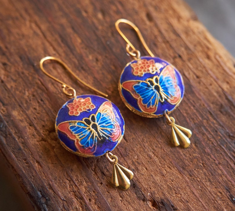 Vintage butterfly earrings, Cloisonne enamel jewelry, Blue statement Earrings, Miss Fisher jewelry image 6