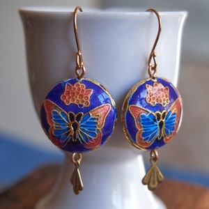 Vintage butterfly earrings, Cloisonne enamel jewelry, Blue statement Earrings, Miss Fisher jewelry image 8