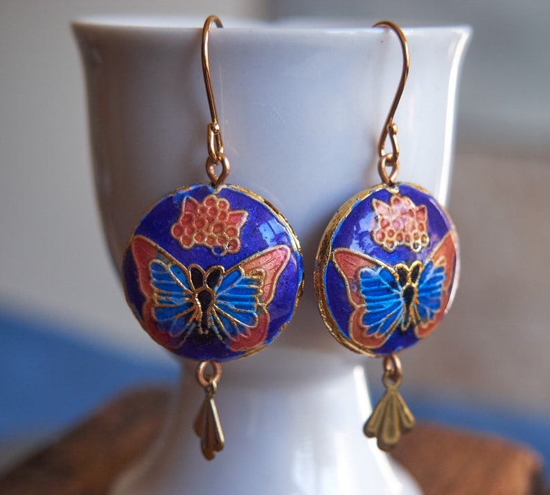 Vintage butterfly earrings, Cloisonne enamel jewelry, Blue statement Earrings, Miss Fisher jewelry image 8