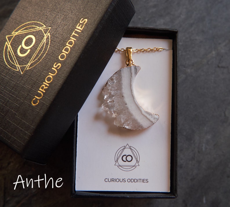 Druzy Moon pendant, Crystal moon necklace, Moon jewelry, Raw crystal necklace, Half moon Quartz necklace, Raw crystal jewelry Anthe gold moon