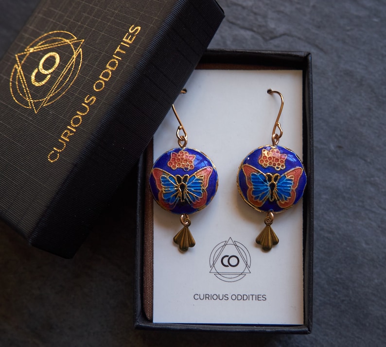 Vintage butterfly earrings, Cloisonne enamel jewelry, Blue statement Earrings, Miss Fisher jewelry image 3