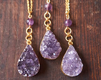 Gold Amethyst Necklace, Amethyst Druzy pendant, February Birthstone, Amethyst jewelry, Raw gemstone drop necklace