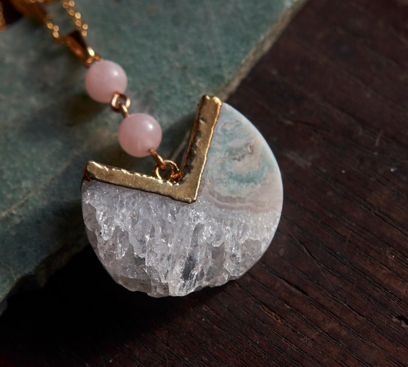 Pink pendulum necklace, Rose quartz statement necklace, Raw quartz jewelry, Gift for mom, Boho jewelry, Geometric Jewelry, Pastel agate image 10