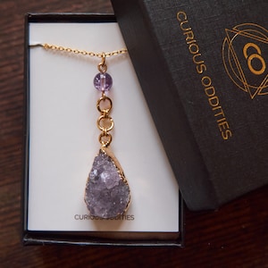 Gold Amethyst Necklace, Amethyst Druzy pendant, February Birthstone, Amethyst jewelry, Raw gemstone drop necklace image 5