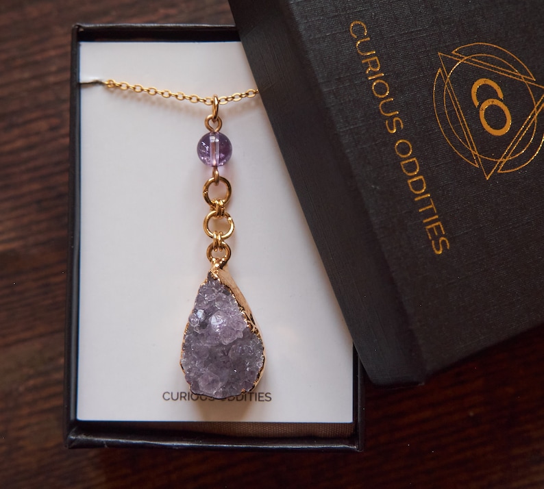 Gold Amethyst Necklace, Amethyst Druzy pendant, February Birthstone, Amethyst jewelry, Raw gemstone drop necklace image 5