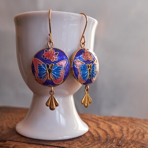 Vintage butterfly earrings, Cloisonne enamel jewelry, Blue statement Earrings, Miss Fisher jewelry image 2