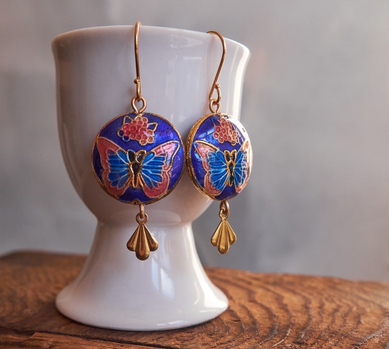 Vintage butterfly earrings, Cloisonne enamel jewelry, Blue statement Earrings, Miss Fisher jewelry image 2