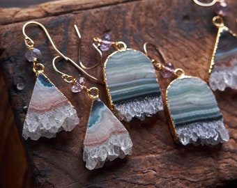 Raw Amethyst Crystal Earrings: Gold Edge Boho Jewelry