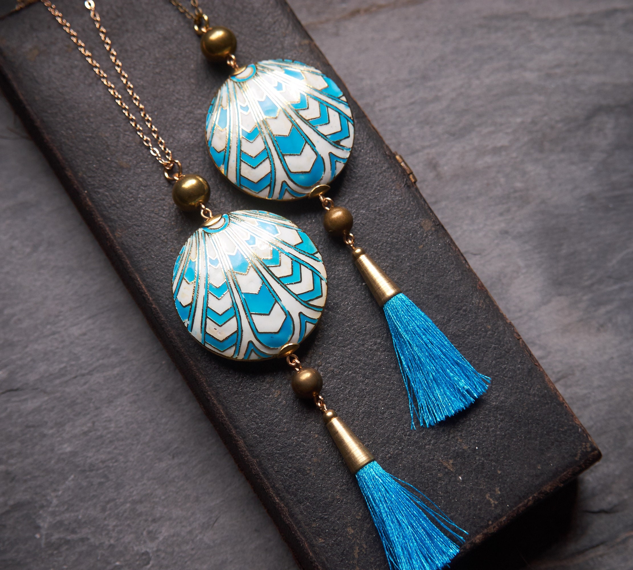 Statement necklace Geometric Cloisonne jewelry Art Deco | Etsy