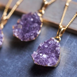 Gold Amethyst Necklace, Amethyst Druzy pendant, February Birthstone, Amethyst jewelry, Raw gemstone necklace