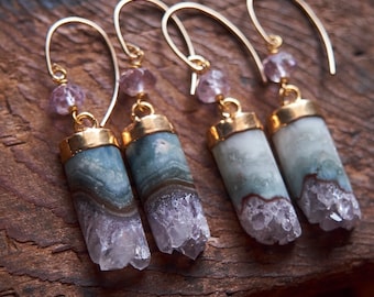 Pendientes de cristal de amatista en bruto: joyería bohemia bañada en oro de 14 quilates