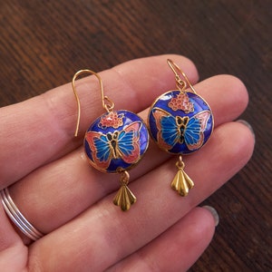 Vintage butterfly earrings, Cloisonne enamel jewelry, Blue statement Earrings, Miss Fisher jewelry image 4