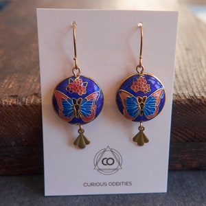 Vintage butterfly earrings, Cloisonne enamel jewelry, Blue statement Earrings, Miss Fisher jewelry image 5
