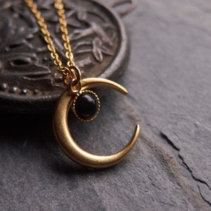 Witch moon necklace, Boho necklace, Celestial jewelry, Onyx necklace, July birthstone, Half moon necklace, Crescent moon, N319