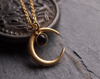 Witch moon necklace, Boho necklace, Celestial jewelry, Onyx necklace, July birthstone, Half moon necklace, Crescent moon