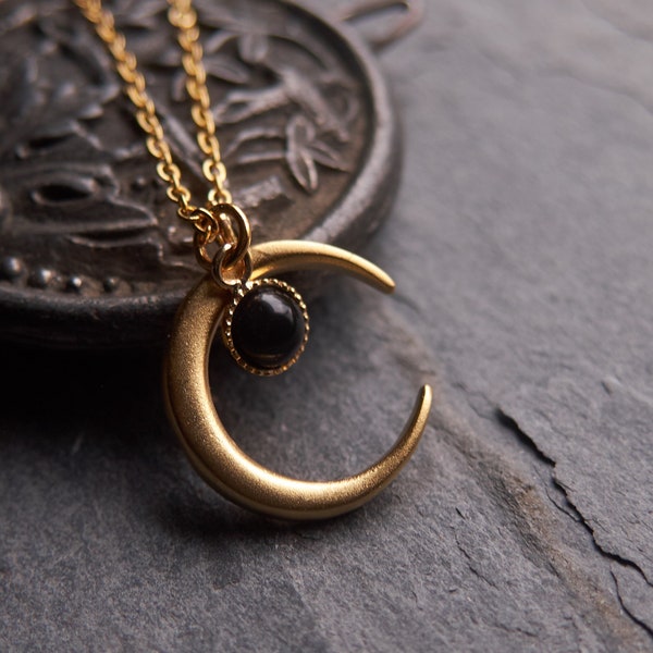 Witch moon necklace, Boho necklace, Celestial jewelry, Onyx necklace, July birthstone, Half moon necklace, Crescent moon, N319