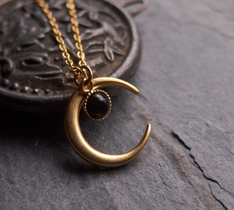 Witch moon necklace, Boho necklace, Celestial jewelry, Onyx necklace, July birthstone, Half moon necklace, Crescent moon, N319 