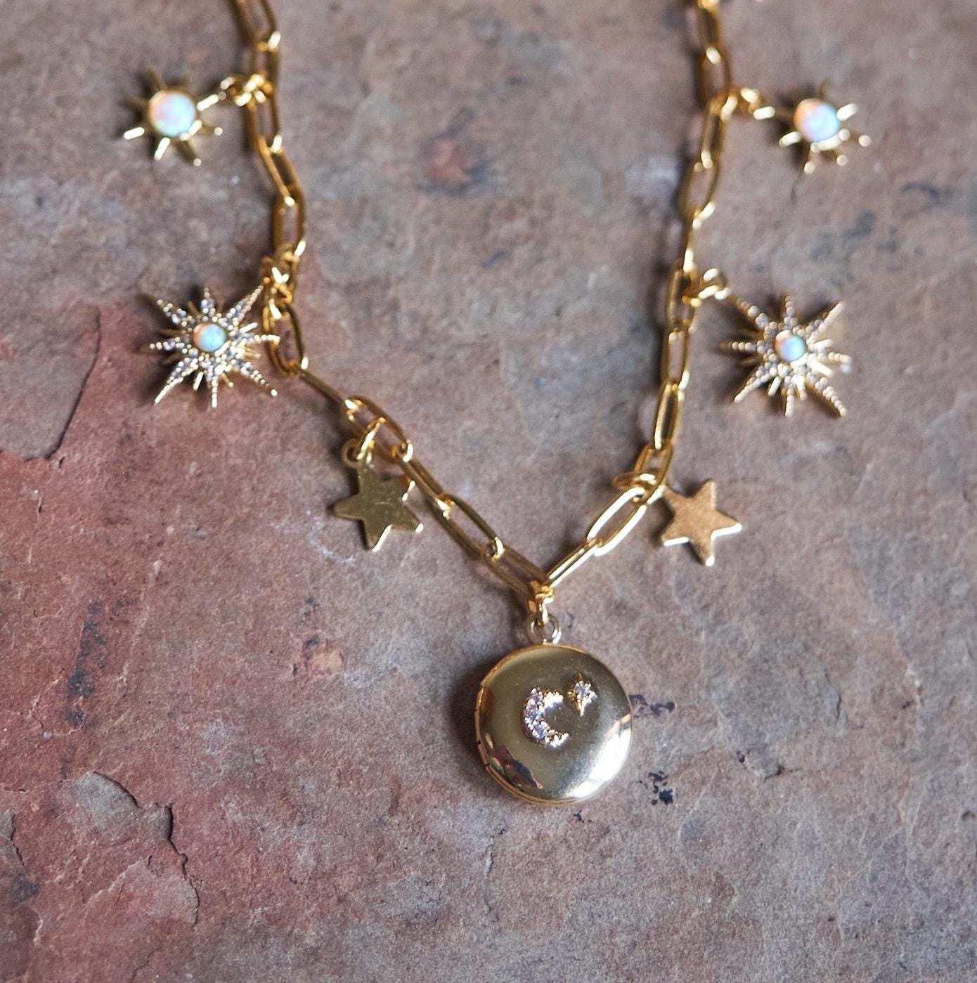 Opal charm necklace, Moon and star Locket, Opal Celestial jewelry, October birthstone, North star necklace, Crescent moon and star charms