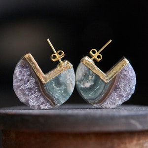 Amethyst earrings, Raw crystal earrings, February birthstone, Statement earrings, Boho earrings, Raw stone jewelry, Gemstone earrings, E118 image 1