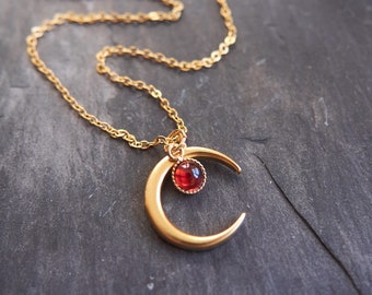 Garnet moon necklace, Celestial jewelry, witch necklace, January birthstone,  Boho necklace, Half moon necklace, Crescent moon