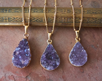 Collar de amatista drusa dorada, colgante con piedra natal de febrero, joyería de piedras preciosas en bruto