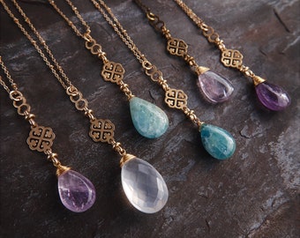 Gemstone necklace, Y necklace, Witch jewelry, Labradorite necklace, Aquamarine necklace, Elegant amethyst necklace, raw crystal necklace