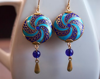 Blue cloisonne earrings, Spiral statement earrings, Vintage enamel jewelry, Miss Fisher Jewelry, Art Deco Geometric Earrings, E046