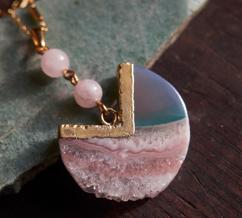 Pink pendulum necklace, Rose quartz statement necklace, Raw quartz jewelry, Gift for mom, Boho jewelry, Geometric Jewelry, Pastel agate image 1