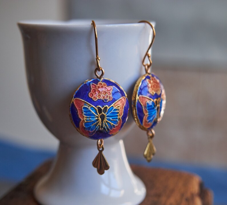 Vintage butterfly earrings, Cloisonne enamel jewelry, Blue statement Earrings, Miss Fisher jewelry image 10