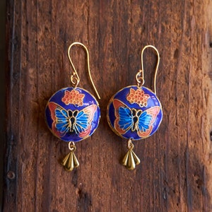 Vintage butterfly earrings, Cloisonne enamel jewelry, Blue statement Earrings, Miss Fisher jewelry image 7