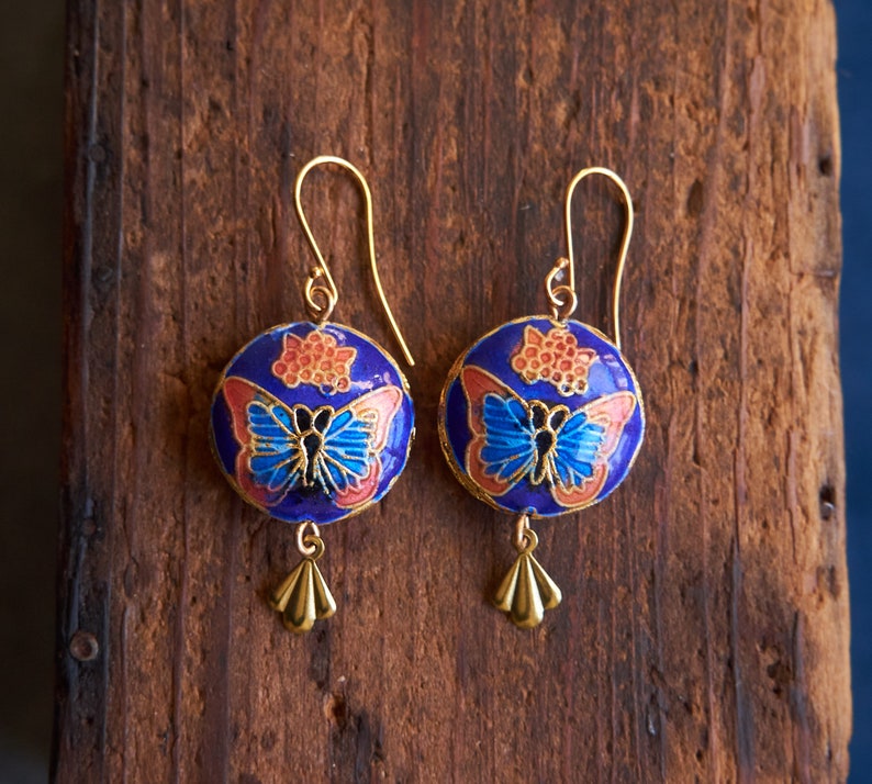 Vintage butterfly earrings, Cloisonne enamel jewelry, Blue statement Earrings, Miss Fisher jewelry image 7